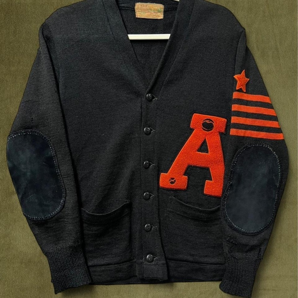 Rare 40s Lamb Knit Letterman Cardigan Black Orange - Fits Modern Small